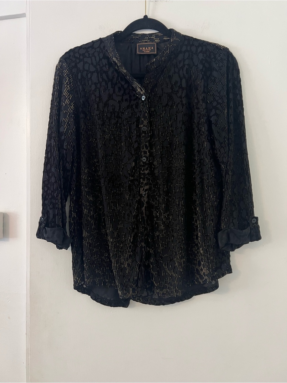 Amana Black Button-Down Blouse with Subtle Metallic Threads size XL